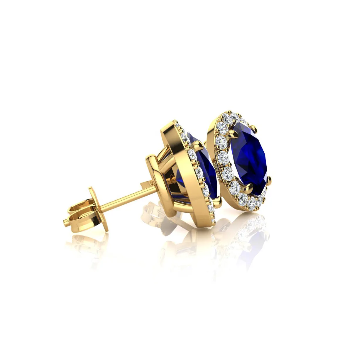 1 1/3 Carat Oval Shape Sapphire And Halo Diamond Stud Earrings In 14 Karat Yellow Gold