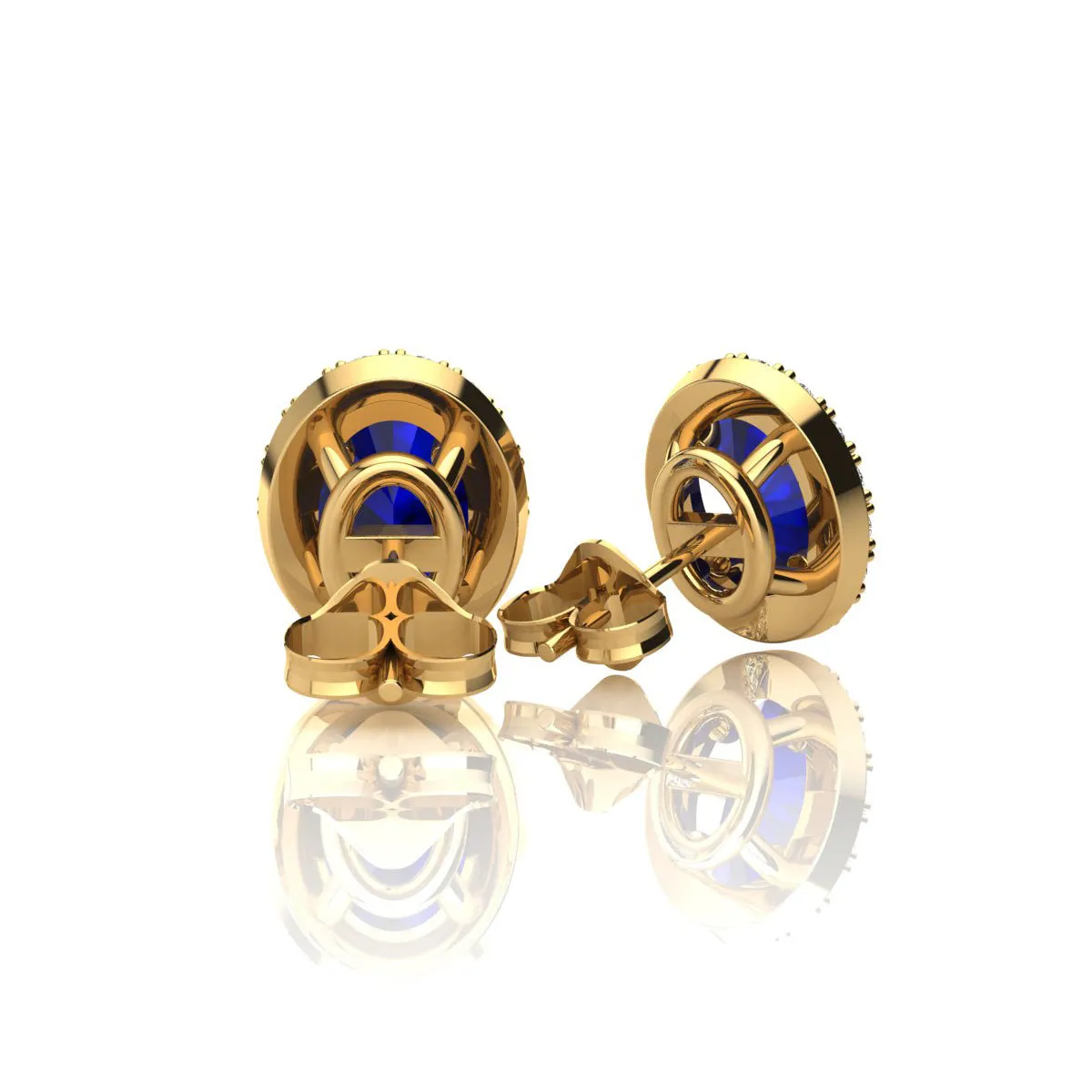 1 1/3 Carat Oval Shape Sapphire And Halo Diamond Stud Earrings In 14 Karat Yellow Gold