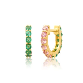 14K Gold Half & Half Pink Sapphire & Emerald Huggie Hoops Earrings