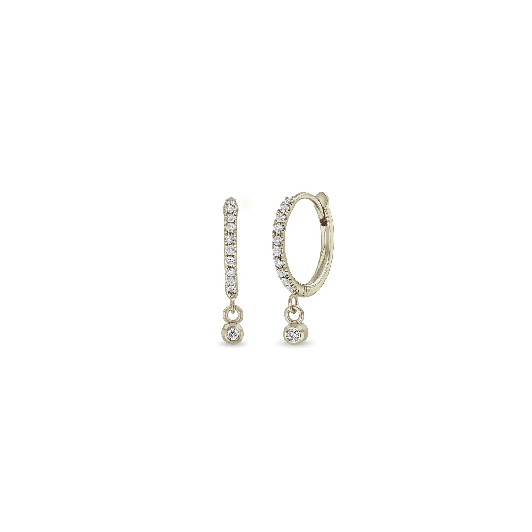 14k Medium Pavé Diamond Hinge Huggie Hoops with Dangling Diamonds