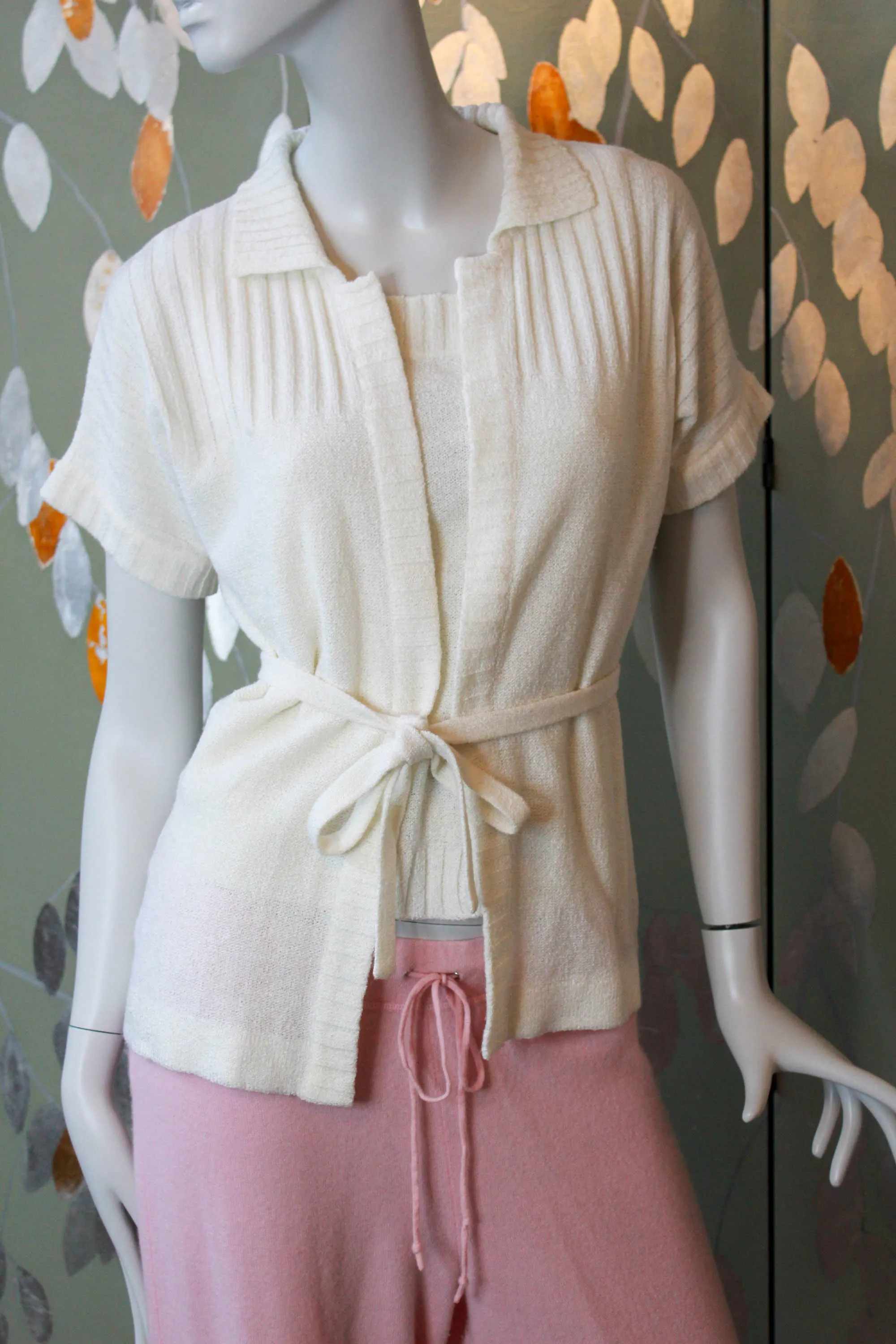 70s White Knit Camisole and Cardigan Set, Large