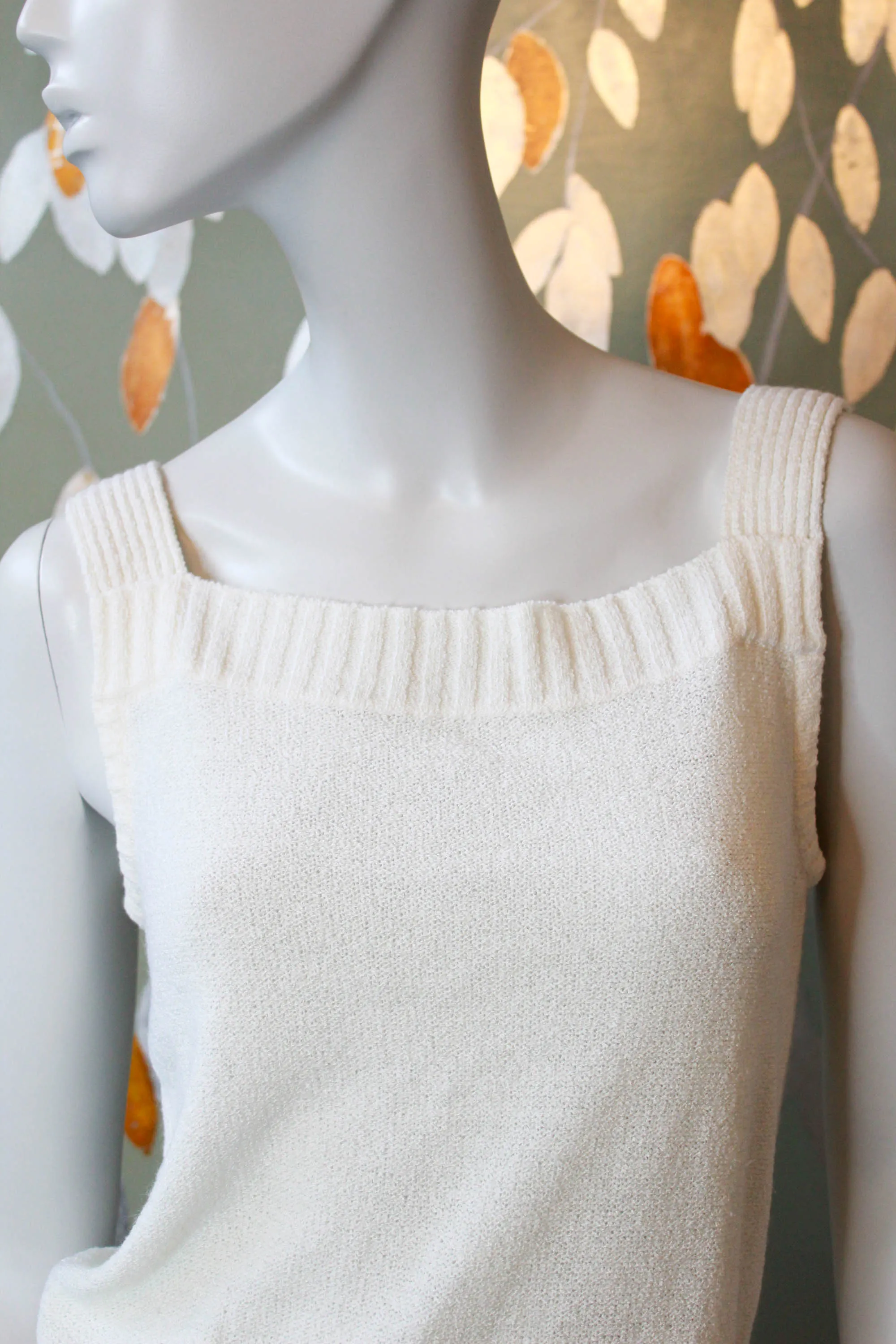 70s White Knit Camisole and Cardigan Set, Large