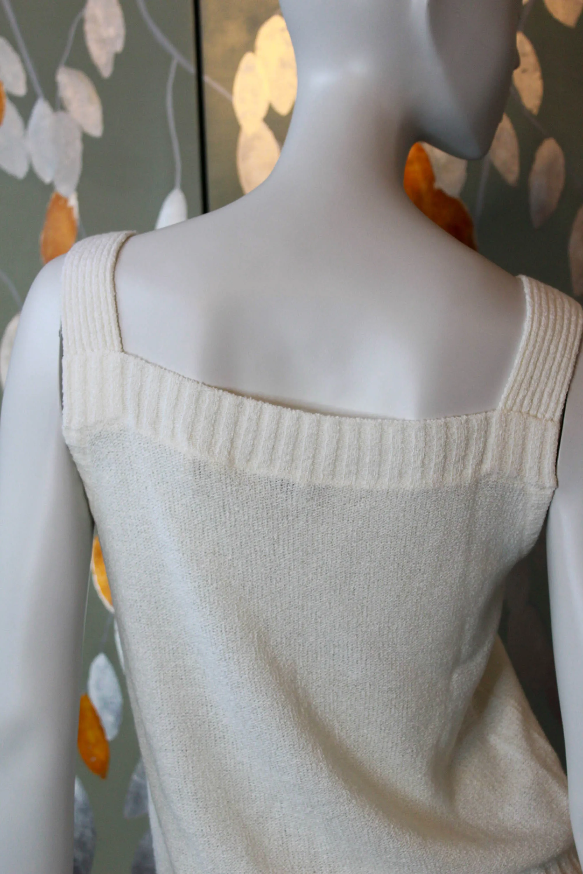 70s White Knit Camisole and Cardigan Set, Large