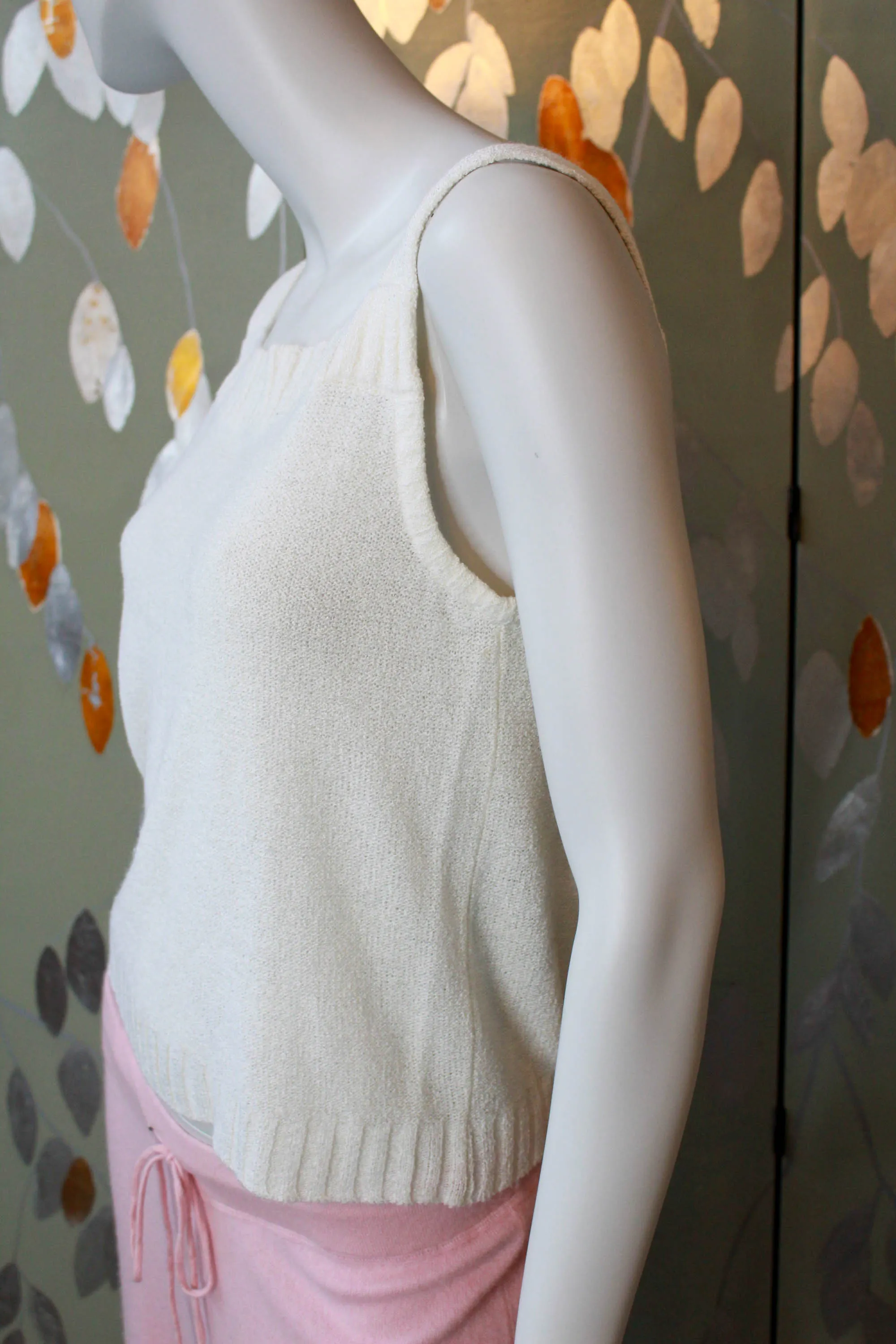 70s White Knit Camisole and Cardigan Set, Large