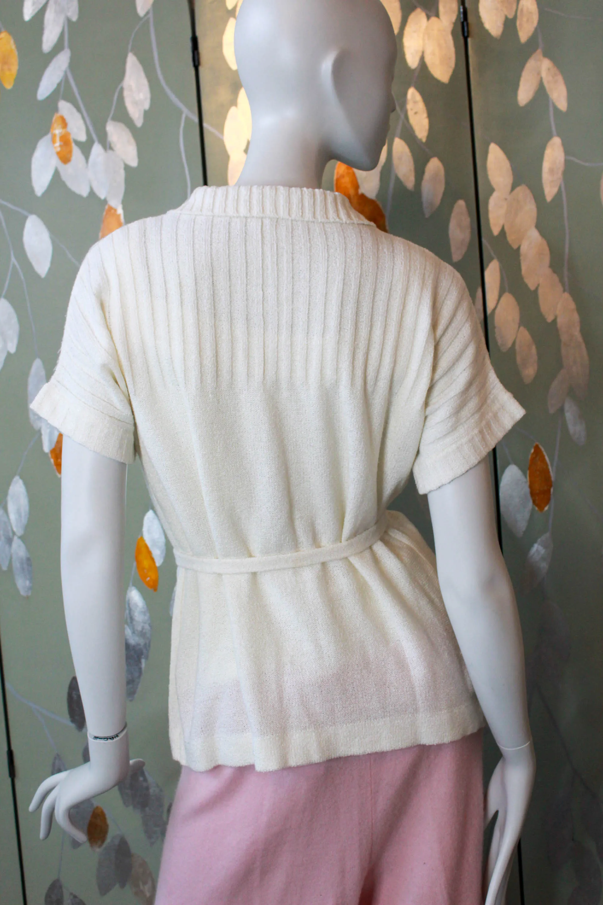 70s White Knit Camisole and Cardigan Set, Large