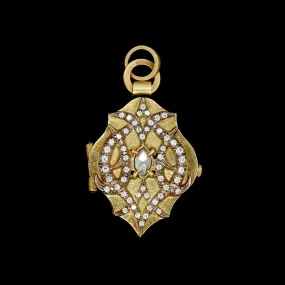 Annie Fensterstock Sterling Silver, 18K and 22K Yellow Gold Estate Diamond Tulip Thorn Locket