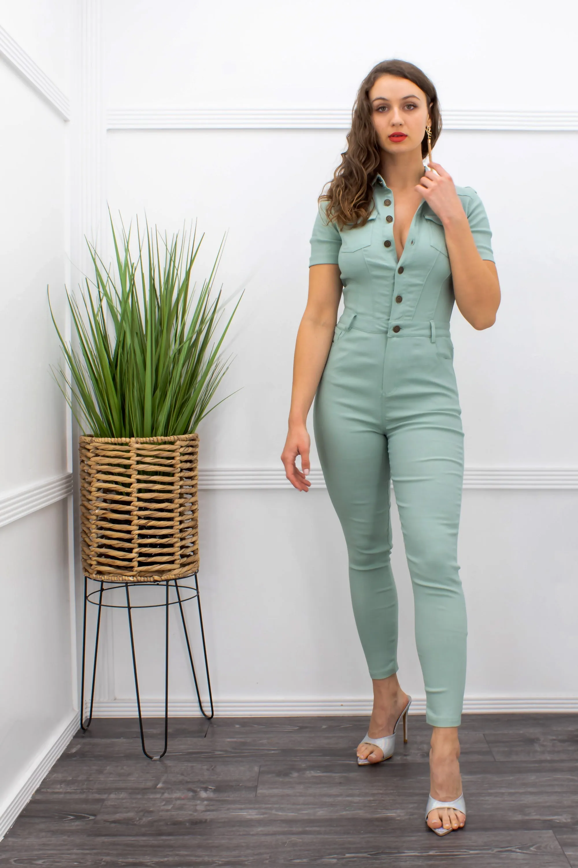 Bodycon Short Sleeve Green Skinny Jumpsuit