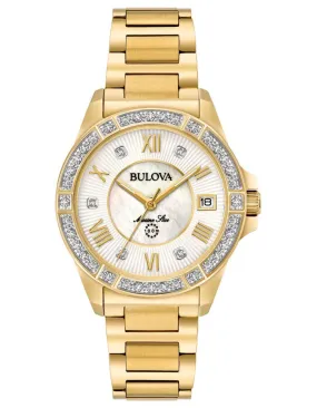 Bulova Womens Marine Star Diamond Watch - Gold-Tone - MOP Dial - 100m - Date