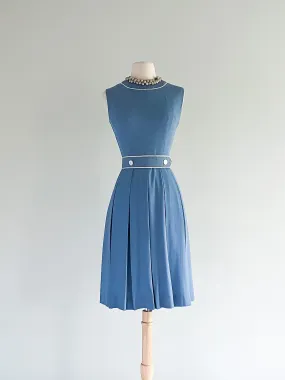 Cutest 1960's Chambray Blue Sleeveless Cotton Day Dress / Sz S