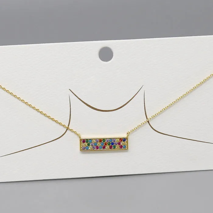 CZ Pave Bar Pendant Gold Dipped Chain Necklace