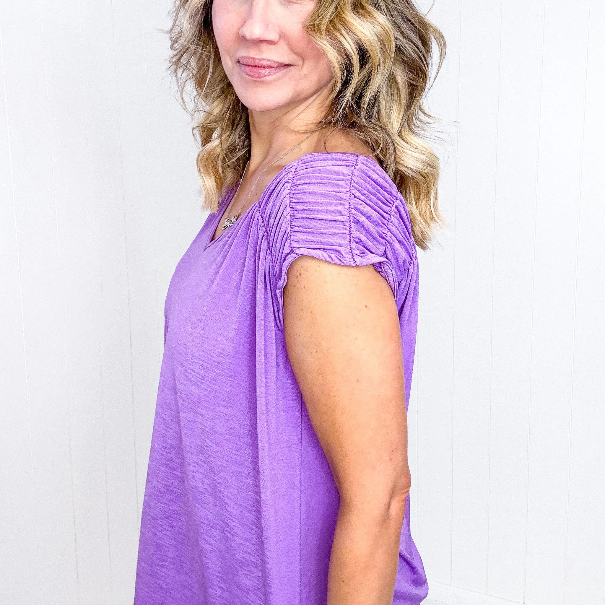 Dear Scarlett Ruched Cap Sleeve Top in Lavender