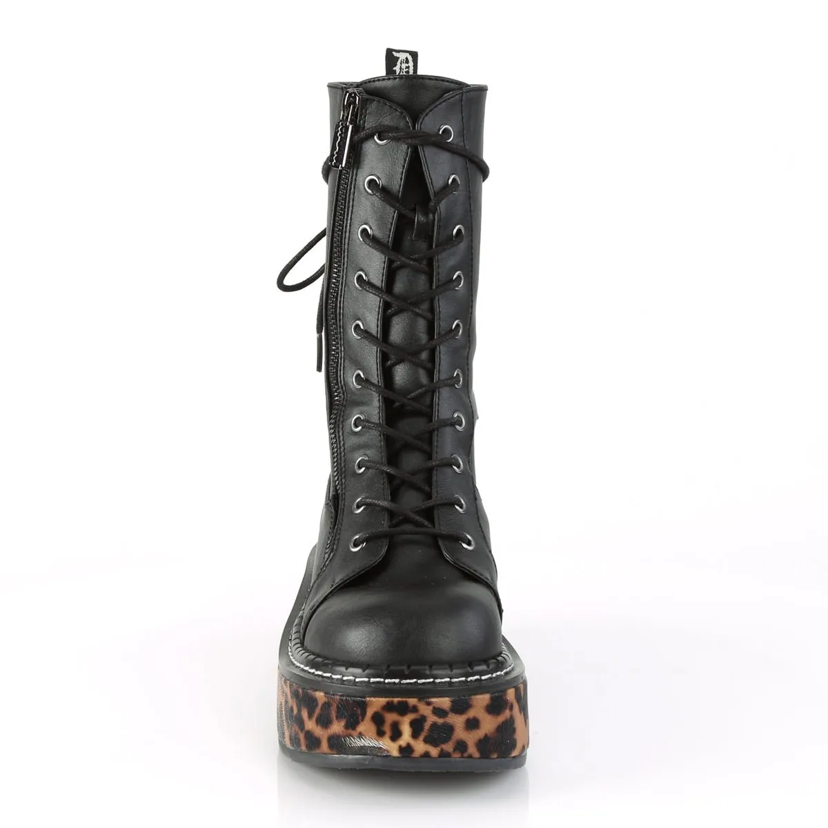 Demonia EMILY-350 | Black Leopard Vegan Leather Mid-Calf Boots