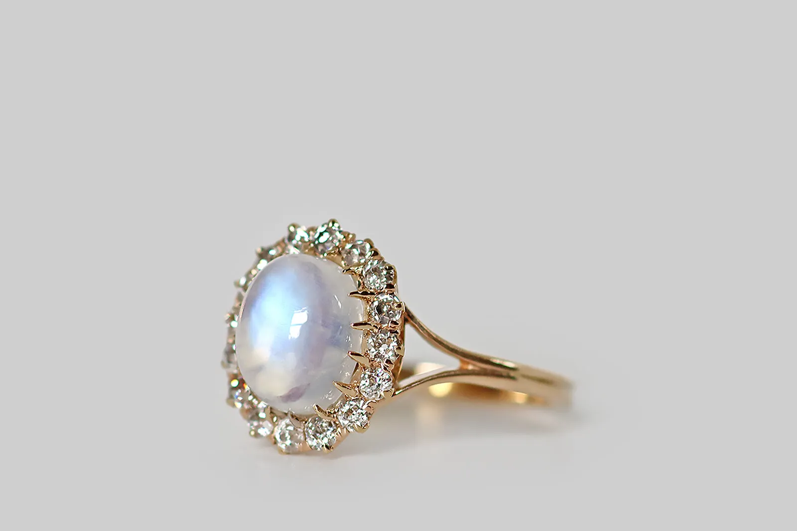 Edwardian Blue Flash Moonstone Halo Ring