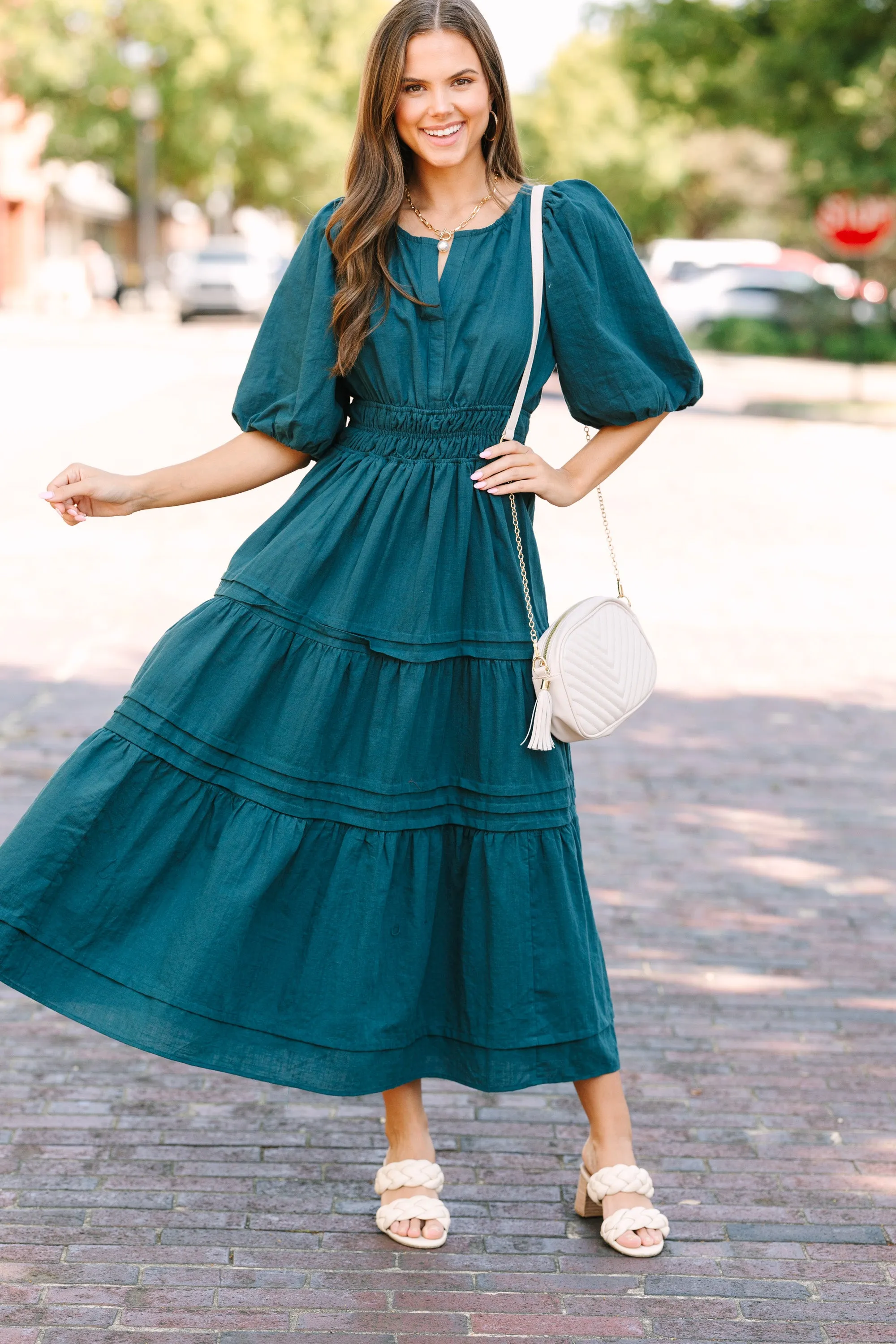 It's All For You Teal Green Tiered Midi Dress