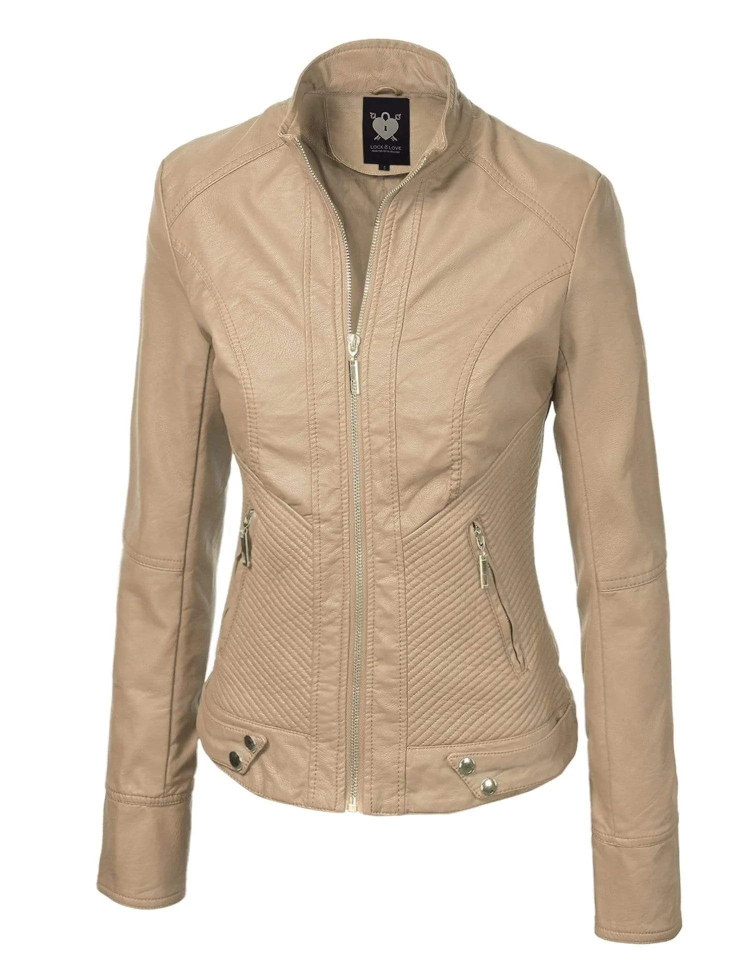 Made By Johnny MBJ Womens Faux Leather Zip Up Moto Biker Jacket with Stitching Detail