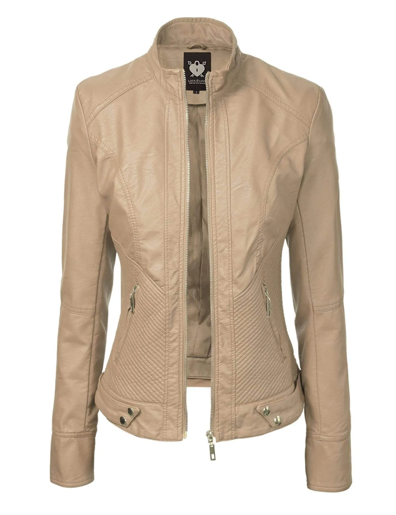 Made By Johnny MBJ Womens Faux Leather Zip Up Moto Biker Jacket with Stitching Detail