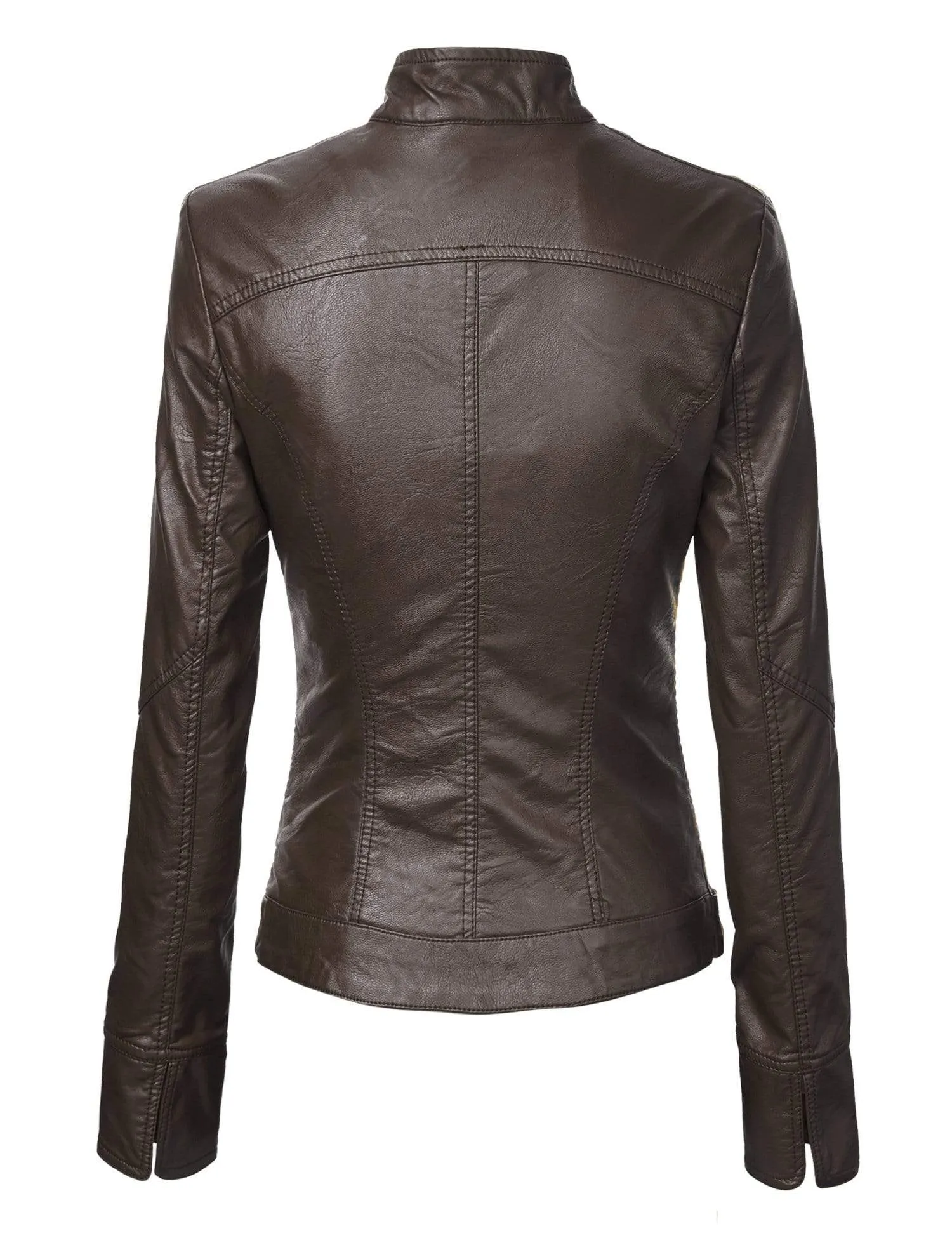 Made By Johnny MBJ Womens Faux Leather Zip Up Moto Biker Jacket with Stitching Detail