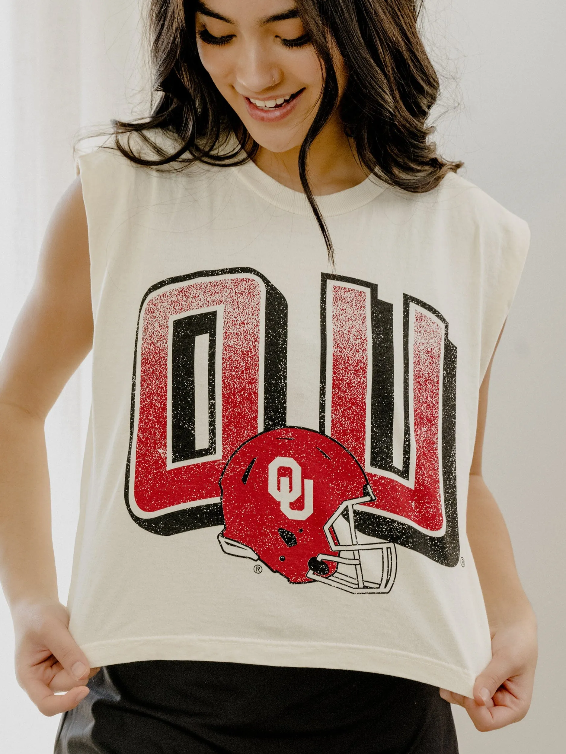 OU Sooners Helmet Fade Off White Tank