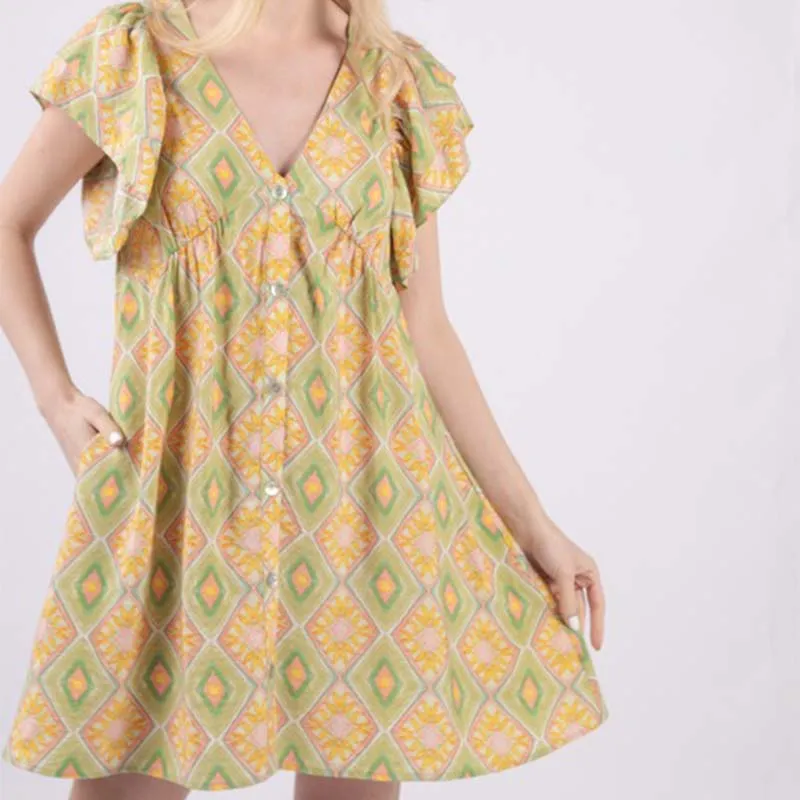 Ruffle Short Sleeve Printed Dress