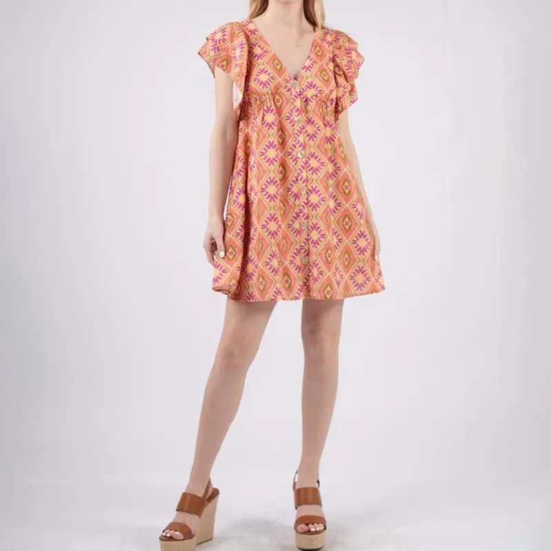 Ruffle Short Sleeve Printed Dress