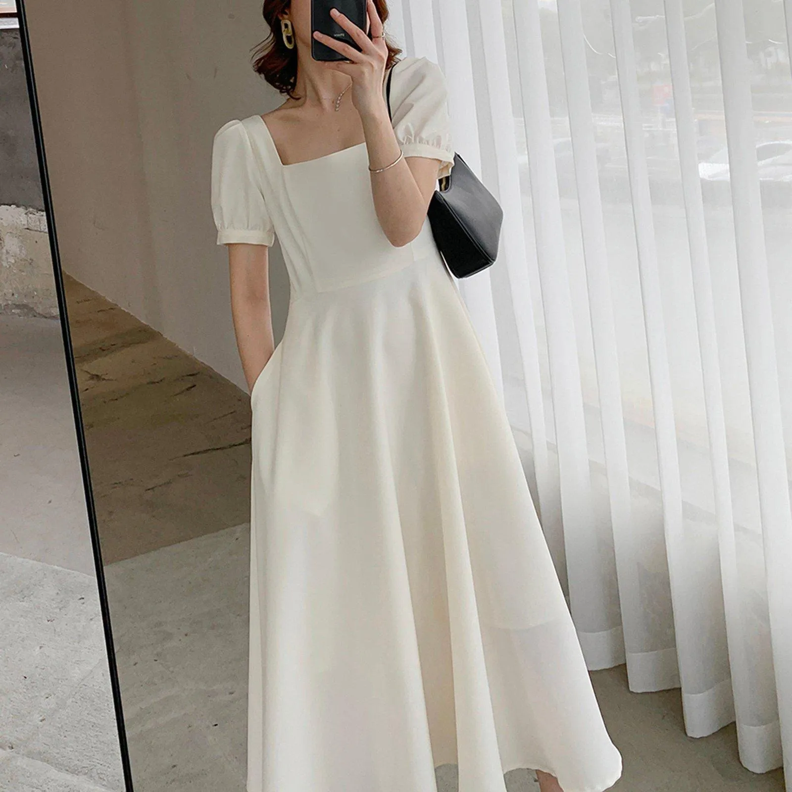 Square Neck Short Sleeve High Waist Flare Dress